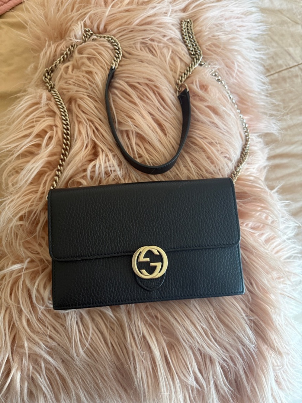 Gucci Black Leather Chain Crossbody with Gold Logo